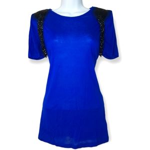 NWOT Twelve by Twelve blue black beaded blouse top T-shirt Womens Medium